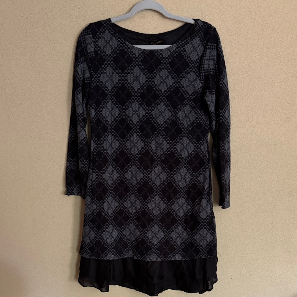 Reborn Black and Gray Checkered Long Sleeve Dress